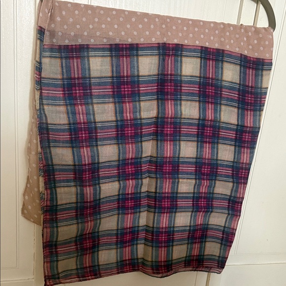 Accessories - 2 side design Plaid Lightweight Scarf with Polka Dot Trim in Navy and Pink